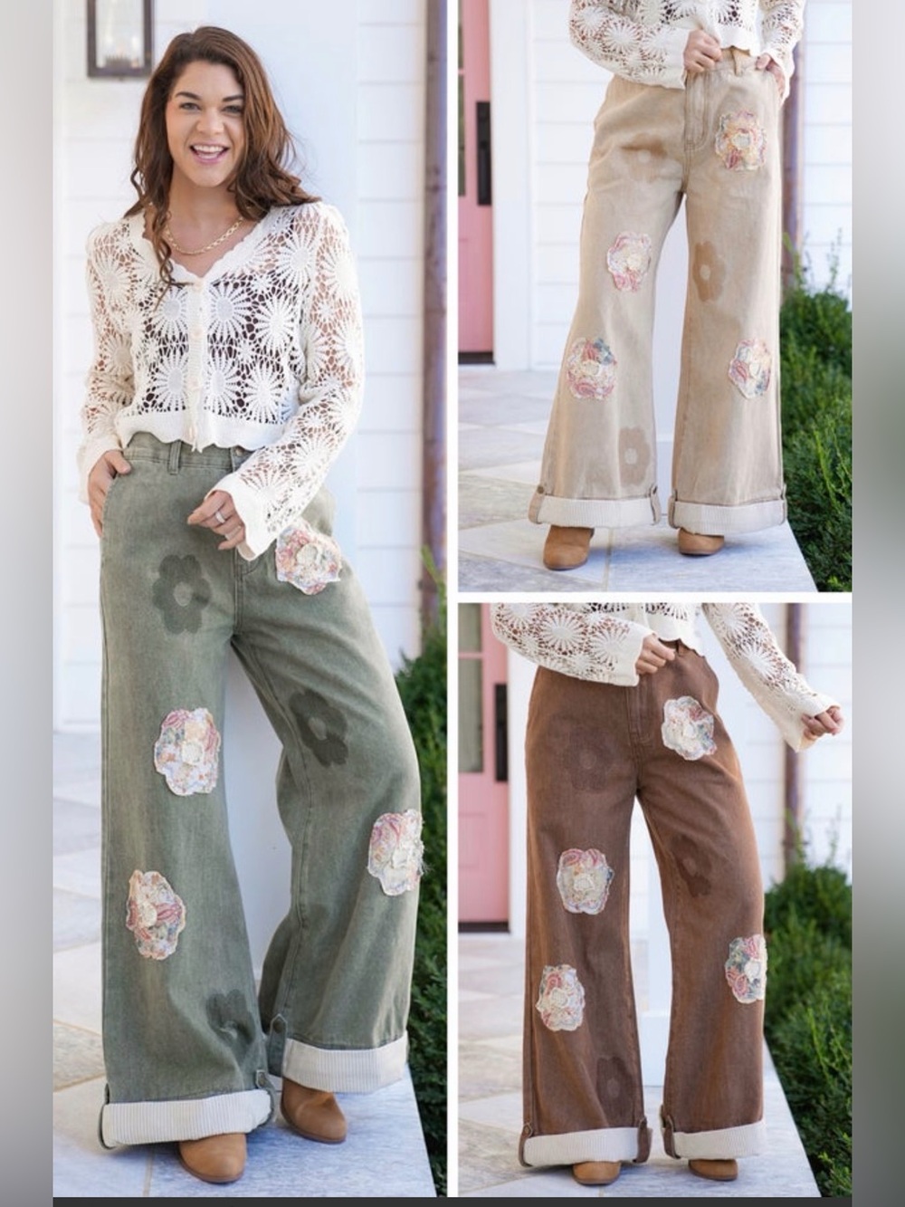 POL Boho Olive Green Wide-Leg Floral Patch Pants